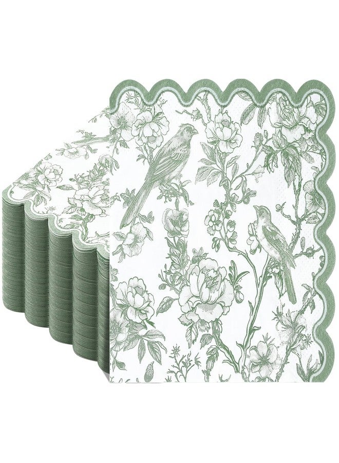 NatNarr 100 Pcs Sage Green Floral Napkins, Scalloped Birds Floral Napkins Disposable Dessert Cocktail Napkin Vintage Decorative Napkin for Decoupage,Bridal Baby Shower,Wedding - Image 1